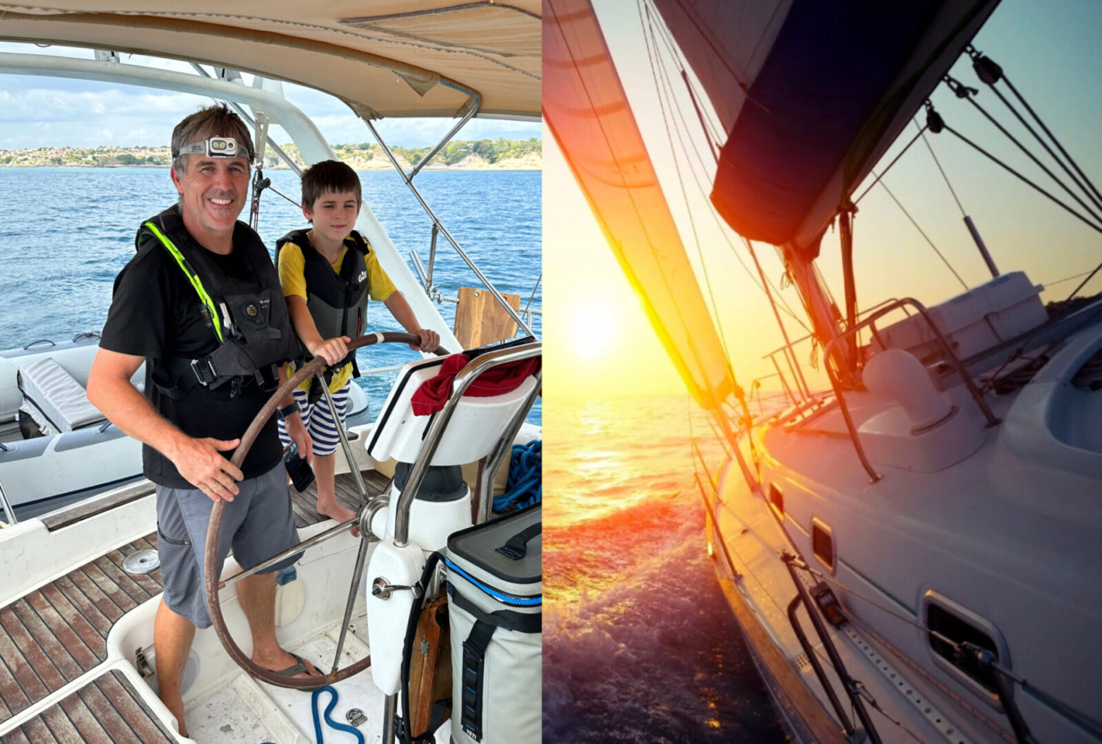 A man and two boys on a boat in the ocean.