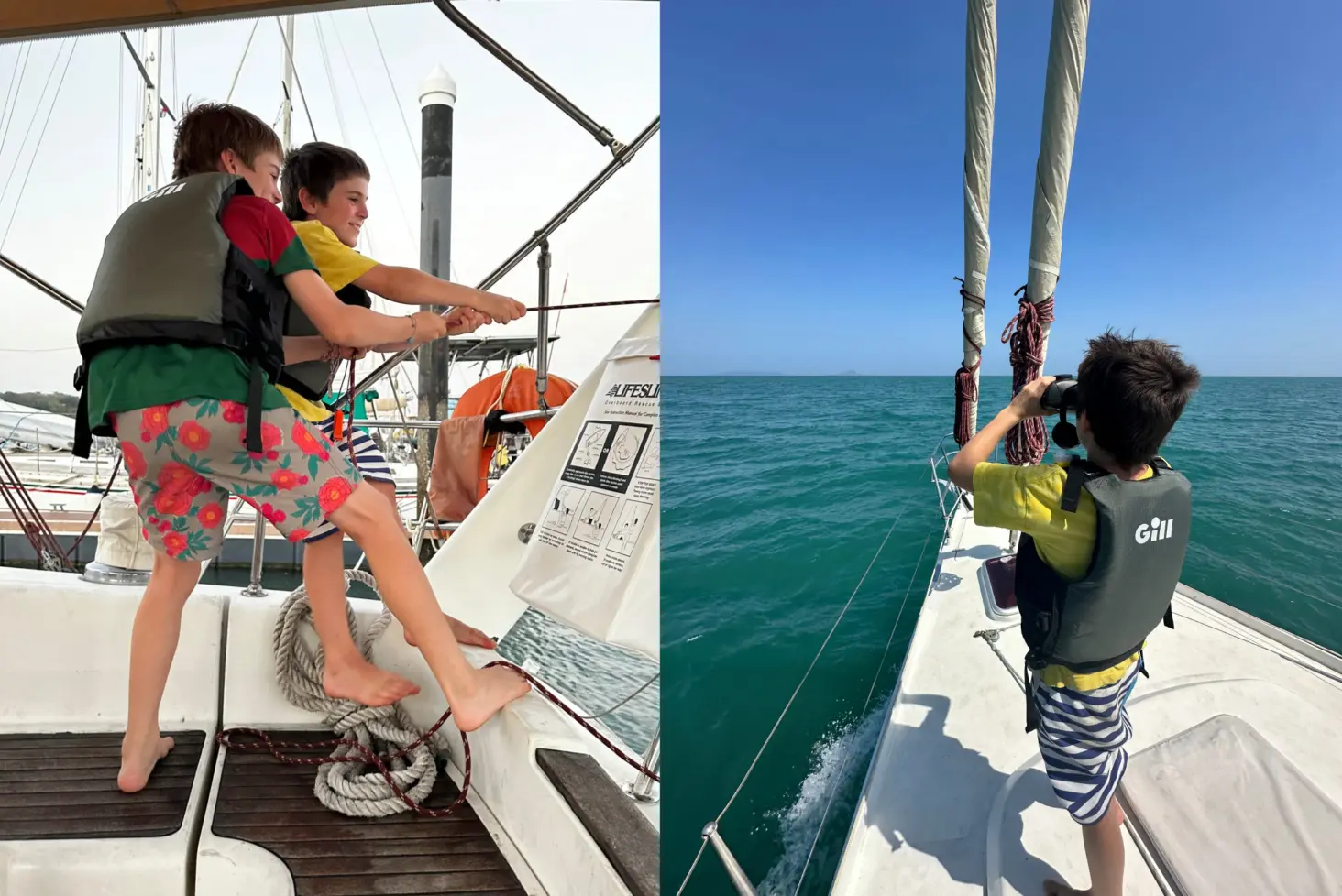 Two pictures of people on a boat and one is taking a picture