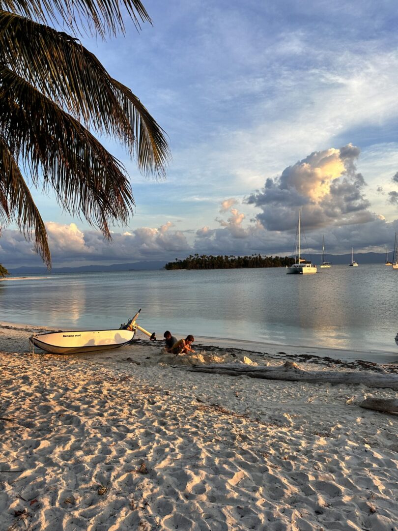 A boat is sitting on the beach near some trees